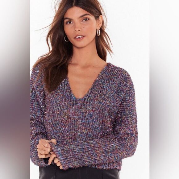 Nasty Gal Tinsel Time Pink Multicolor Sweater Crop V Neck  Size M - Picture 3 of 11